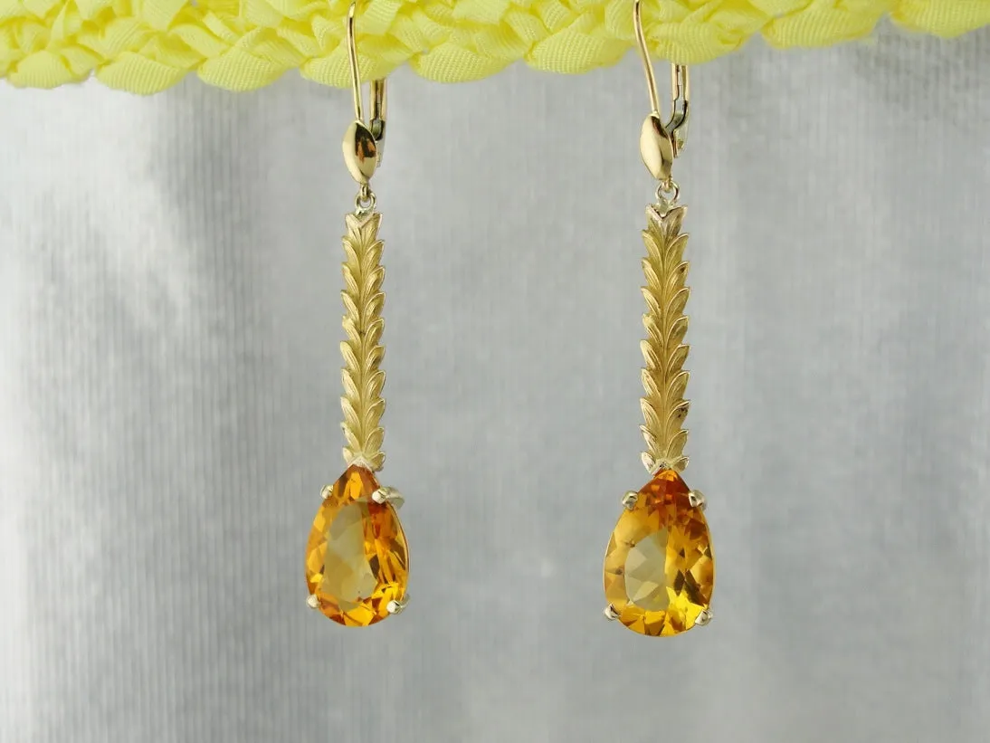 18K Gold Citrine Drop Earrings with Leafy Accents, Long Pear Cut Citrine Earrings