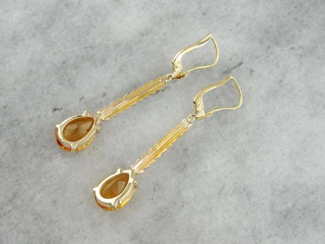 18K Gold Citrine Drop Earrings with Leafy Accents, Long Pear Cut Citrine Earrings