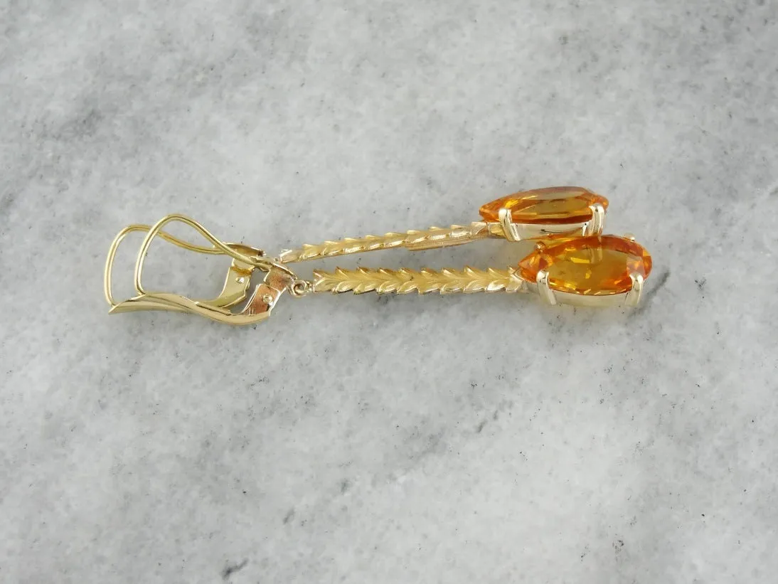 18K Gold Citrine Drop Earrings with Leafy Accents, Long Pear Cut Citrine Earrings