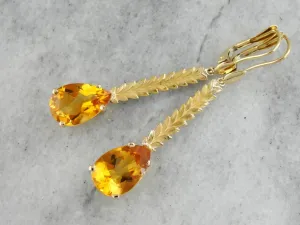 18K Gold Citrine Drop Earrings with Leafy Accents, Long Pear Cut Citrine Earrings