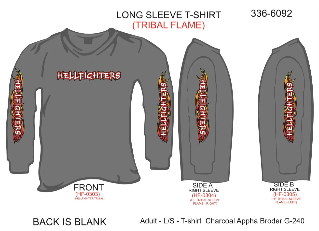 336-6092 T-Shirt, Long Sleeve, Hellfighters w/Tribal Flame Sleeves (Charcoal)