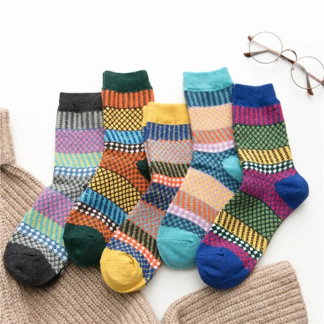 5 Pairs Women Winter Socks Vintage Patchwork Rabbit Wool Cotton Socks