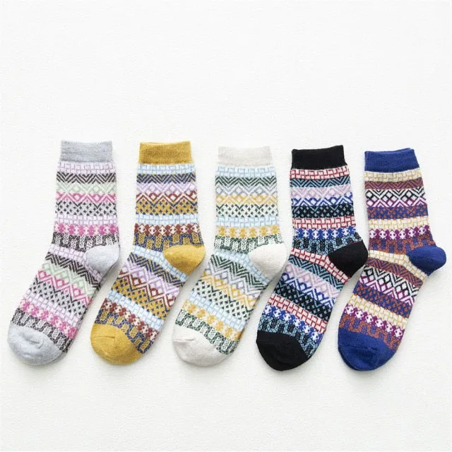 5 Pairs Women Winter Socks Vintage Patchwork Rabbit Wool Cotton Socks