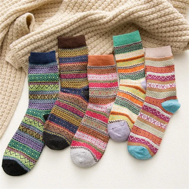 5 Pairs Women Winter Socks Vintage Patchwork Rabbit Wool Cotton Socks