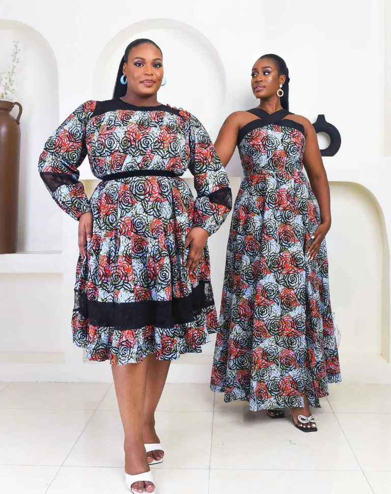 African Floral Print with Chantily Lace Combo Midi Dress - Seyi