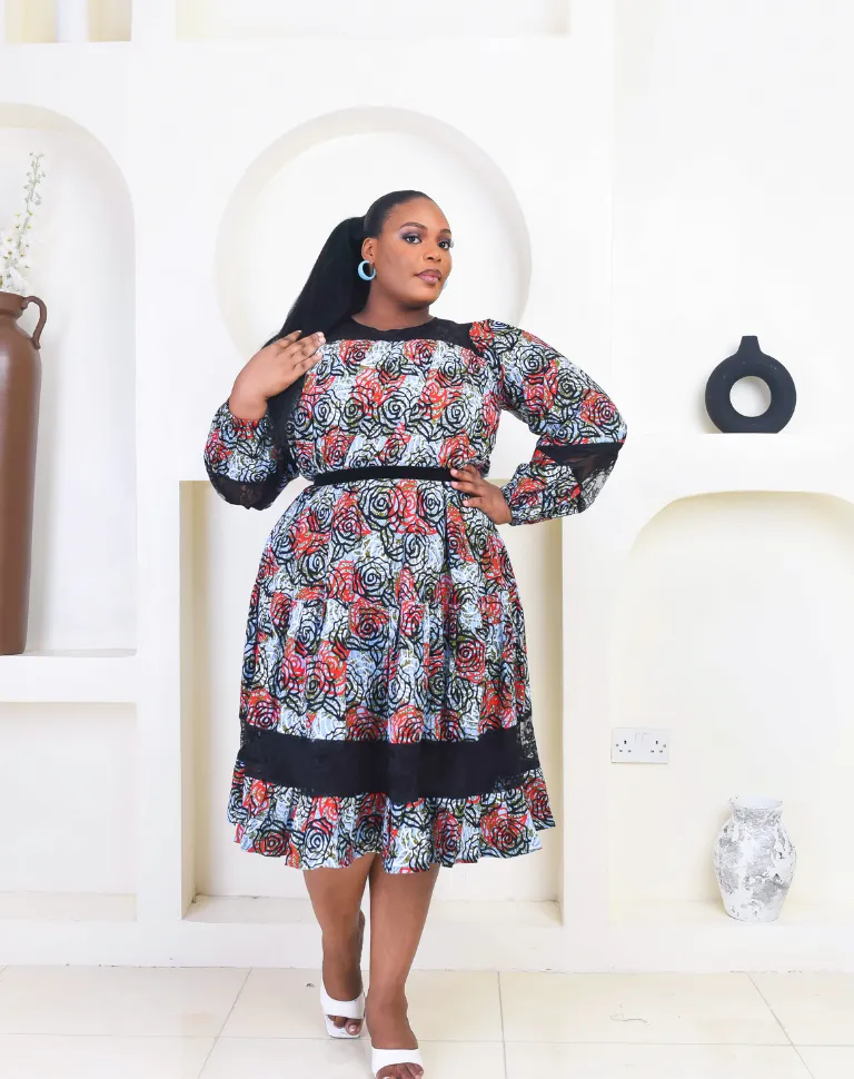 African Floral Print with Chantily Lace Combo Midi Dress - Seyi