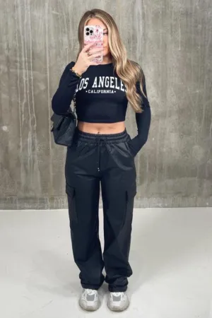 Alaura black loose fit pu cargo trousers