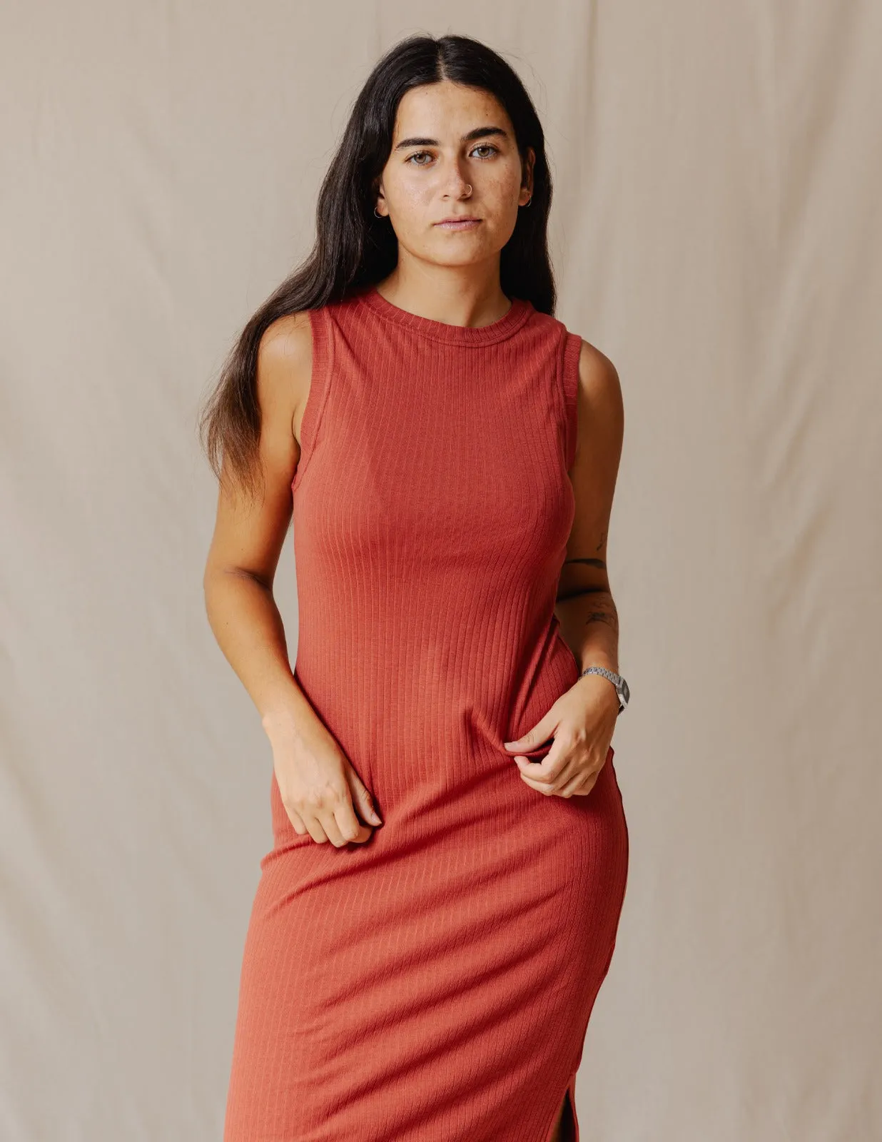 Amelia Ribbed Dress Brick