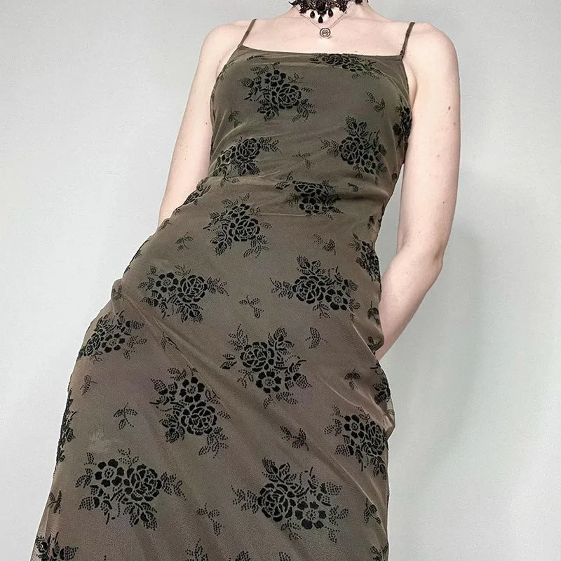 American Dark Vintage Print Slip Dress