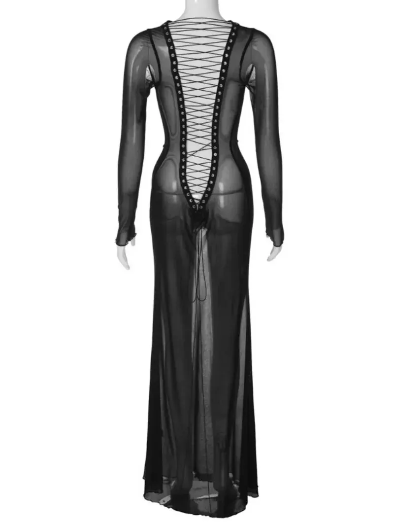 Amozae-2024 Sexy Women's See Through Mesh Long Dress Night Club Outfit Ladies Hollow Out Backless Bandage Maxi Party Dresses Streetwear