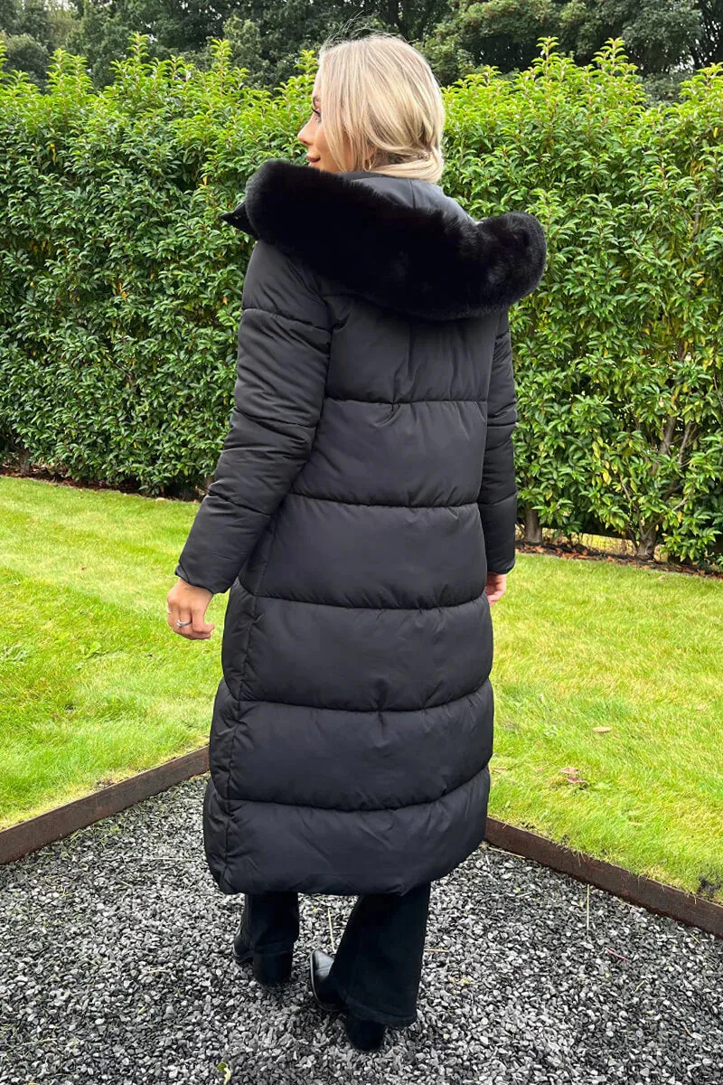 AX Paris Black Faux Fur Hooded Longline Padded Coat