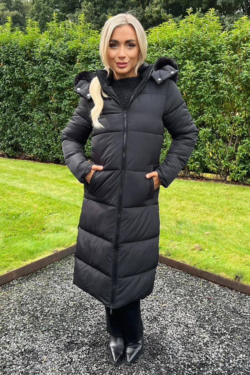 AX Paris Black Faux Fur Hooded Longline Padded Coat