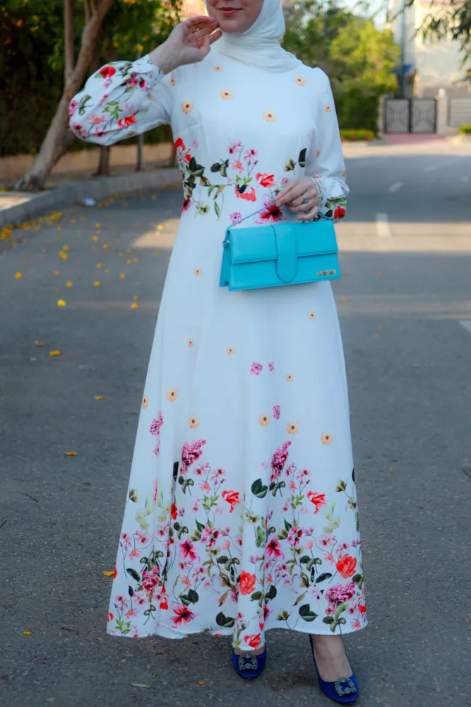 Back to basics florals comeback floral border maxi dress in floral print off white fully lined maxi sleeves