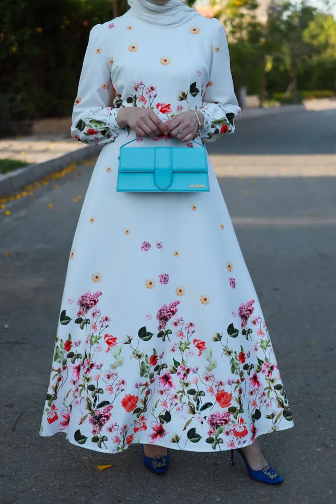 Back to basics florals comeback floral border maxi dress in floral print off white fully lined maxi sleeves