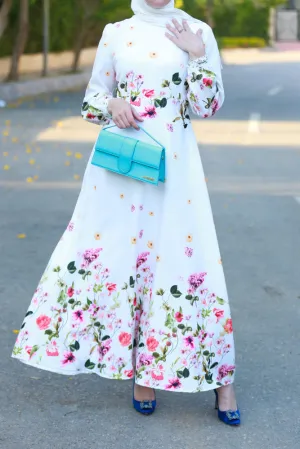 Back to basics florals comeback floral border maxi dress in floral print off white fully lined maxi sleeves