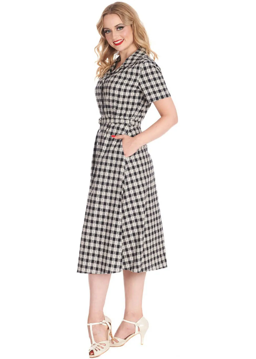 Banned Cherry Check 40's Flare Dress Navy