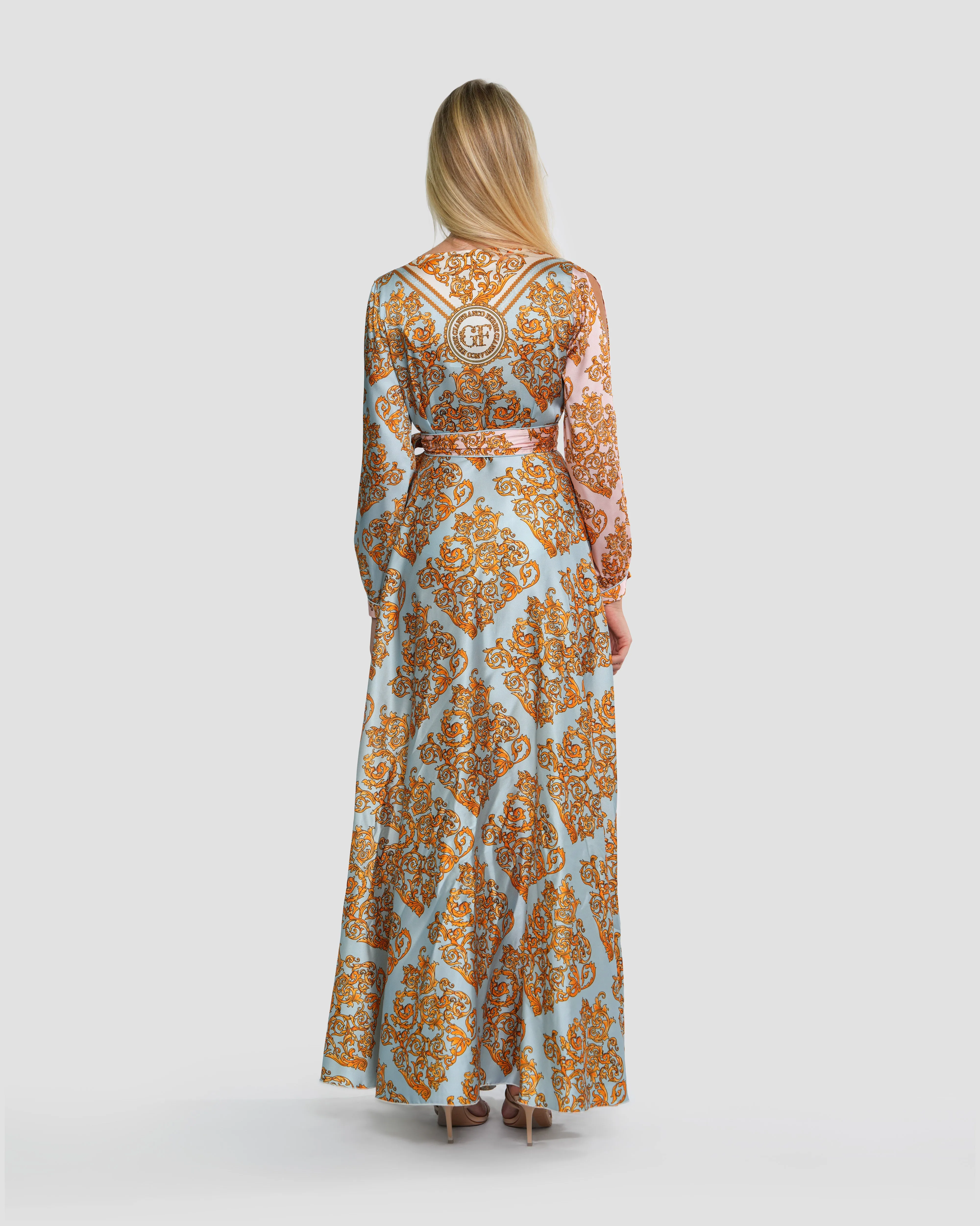 Baroque Motif Wrap-Effect Maxi Dress