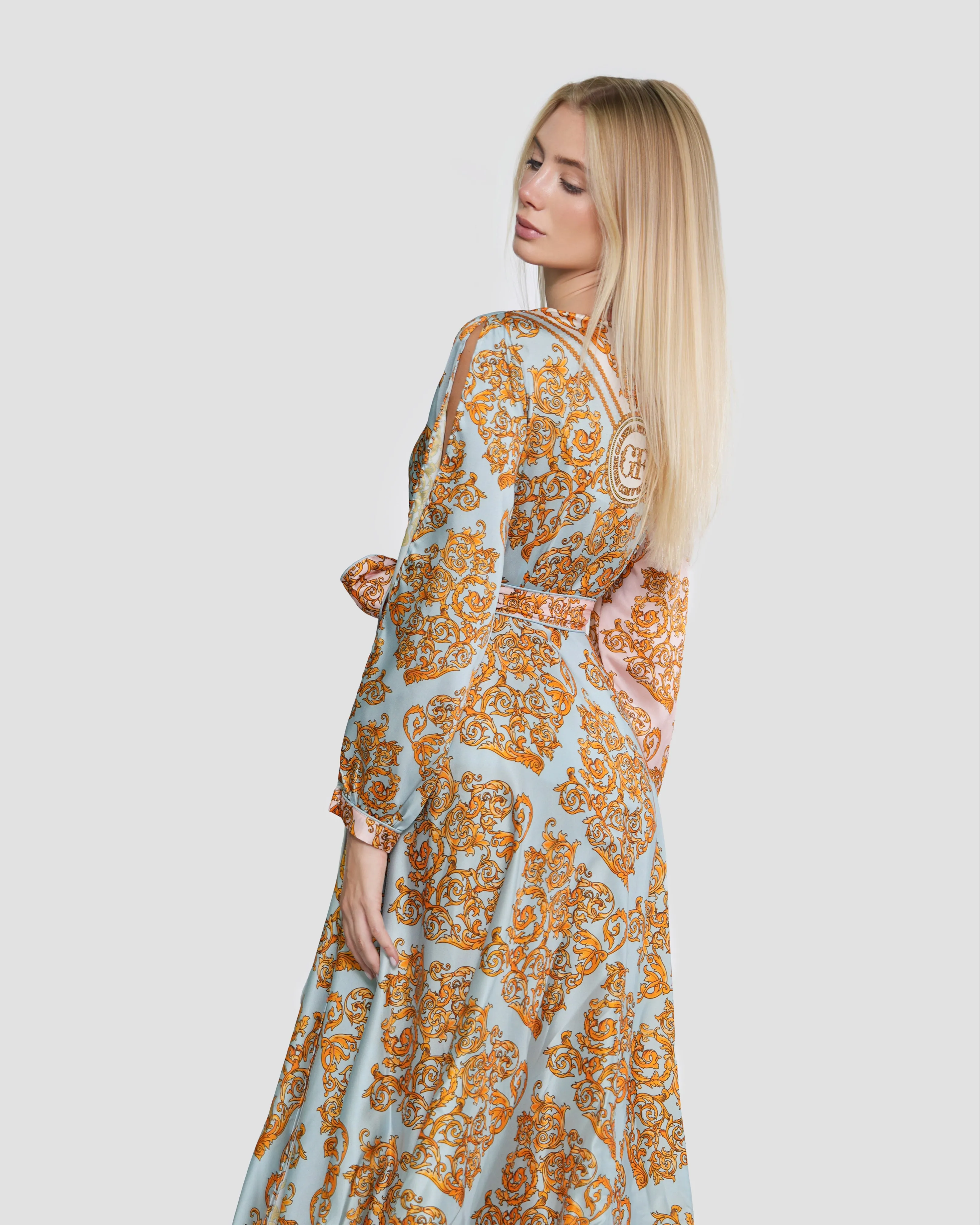 Baroque Motif Wrap-Effect Maxi Dress