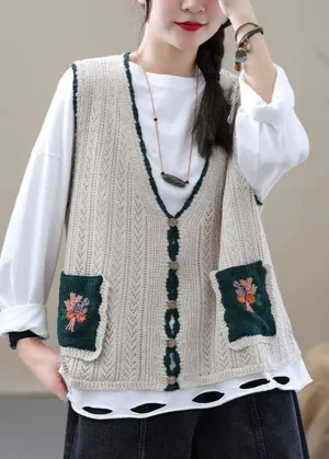 Beige Retro V Neck Fall Button Sleeveless Knit Vest