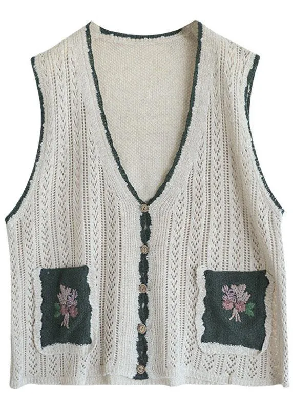 Beige Retro V Neck Fall Button Sleeveless Knit Vest