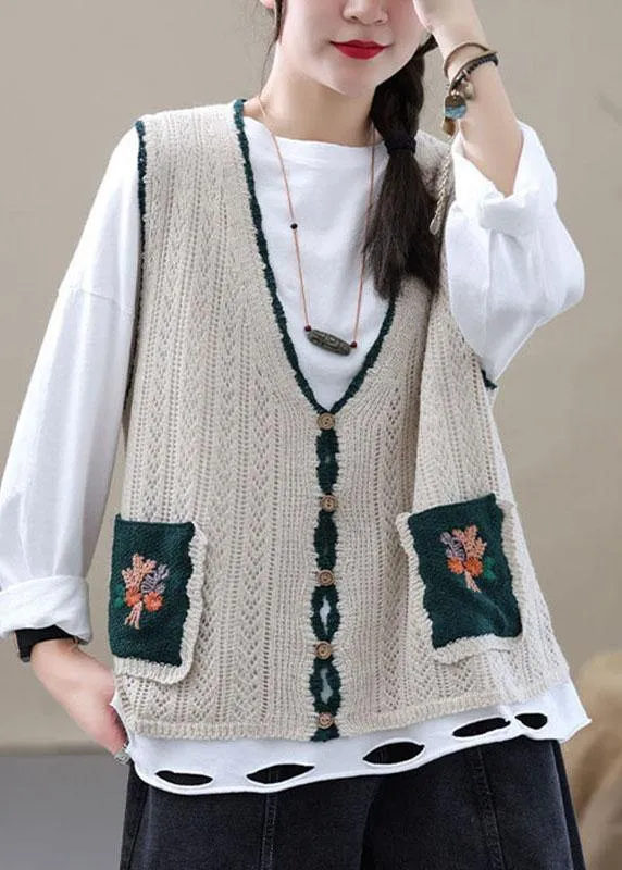 Beige Retro V Neck Fall Button Sleeveless Knit Vest