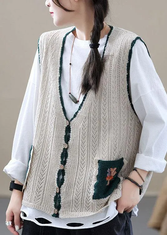 Beige Retro V Neck Fall Button Sleeveless Knit Vest