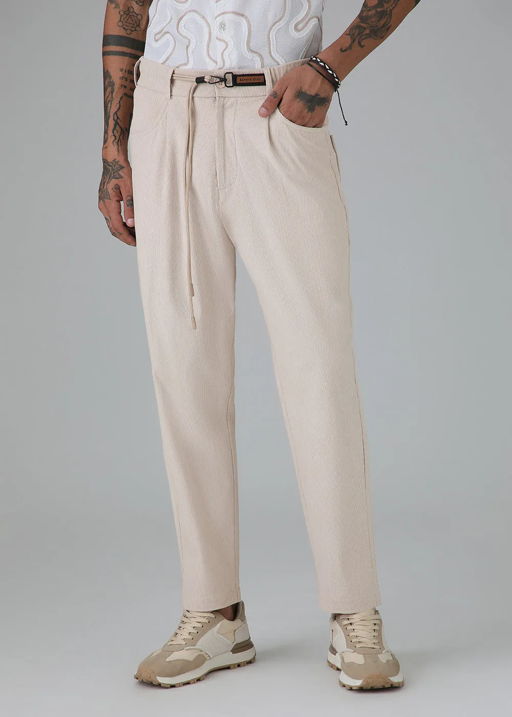 Beige Textured Corduroy Drawstring Pant