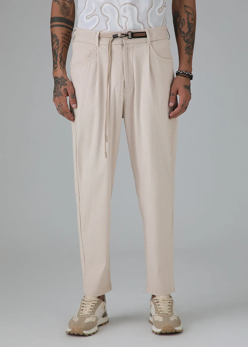 Beige Textured Corduroy Drawstring Pant