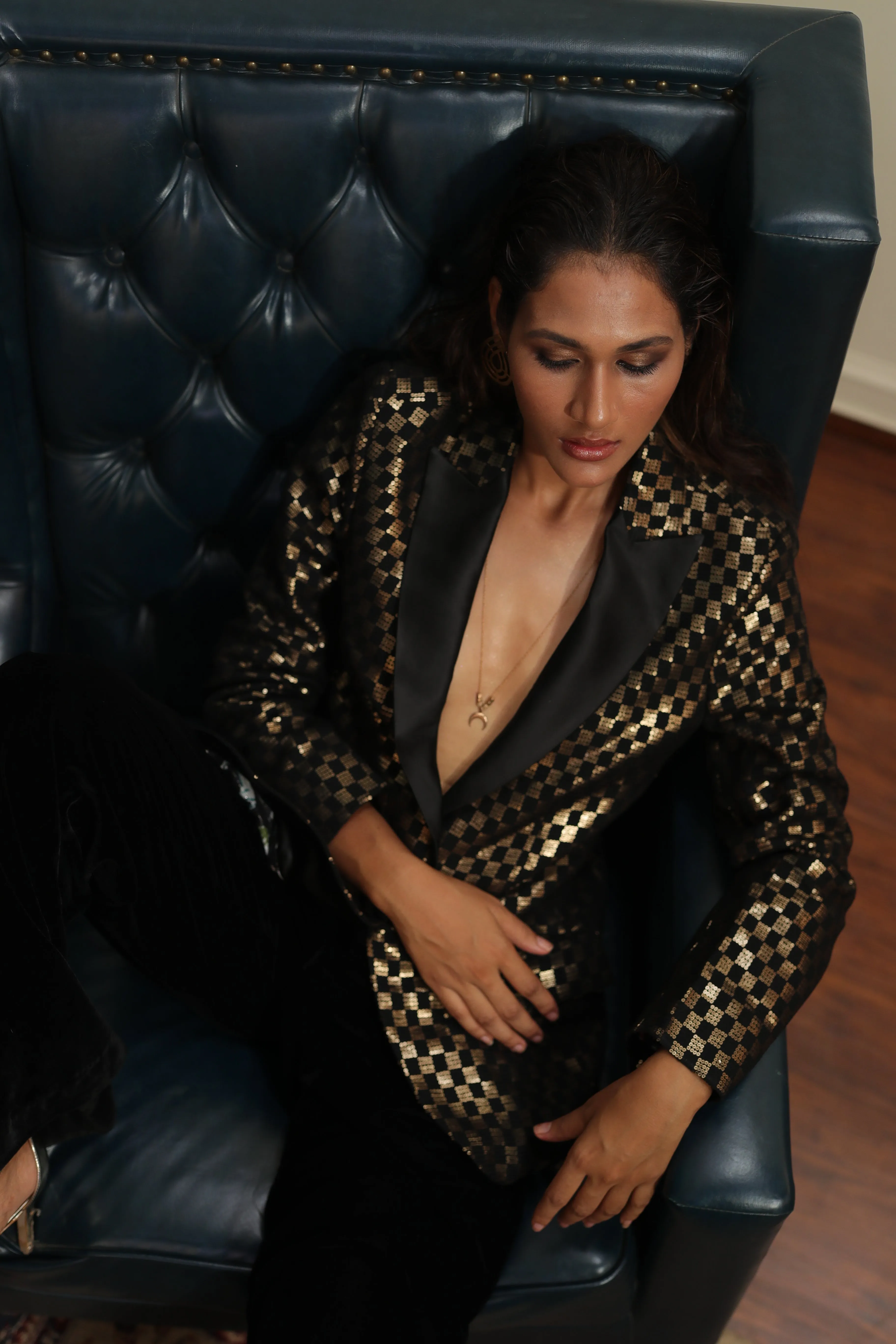 Black and Gold Women's Gingham sequin blazer