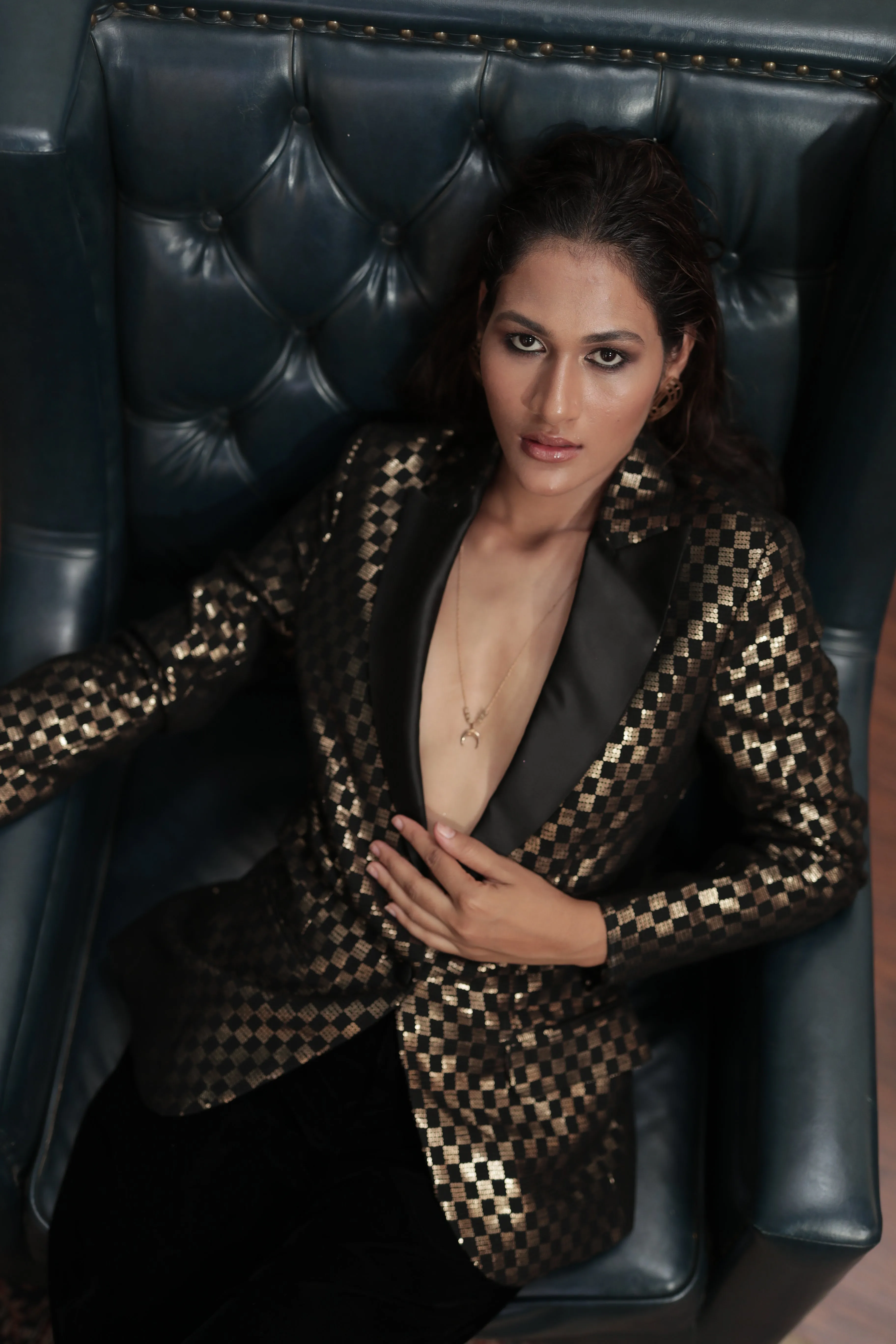 Black and Gold Women's Gingham sequin blazer