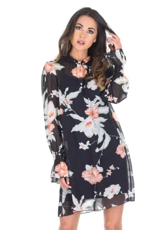 Black Chiffon Printed Dress With Elasticated Bell Sleeves