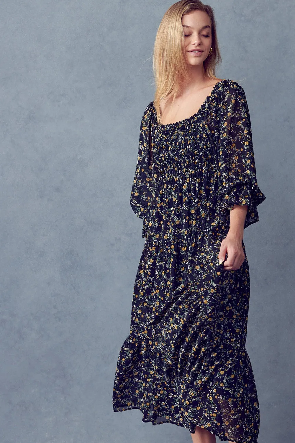 Black Floral Smocked Midi Dress