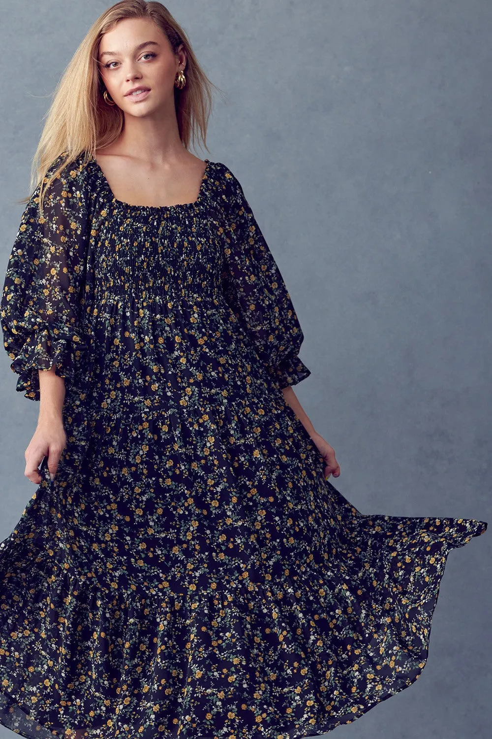 Black Floral Smocked Midi Dress