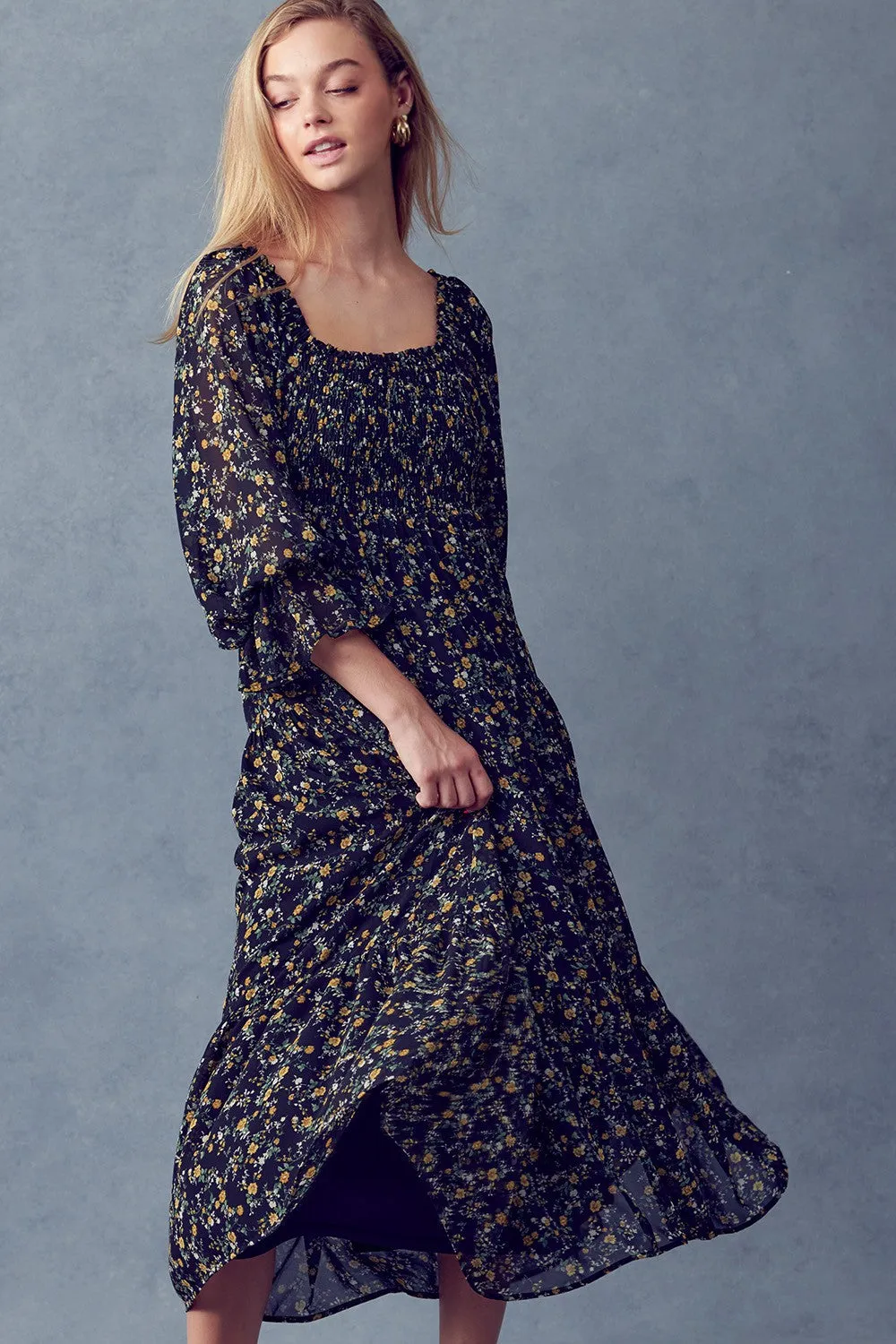 Black Floral Smocked Midi Dress