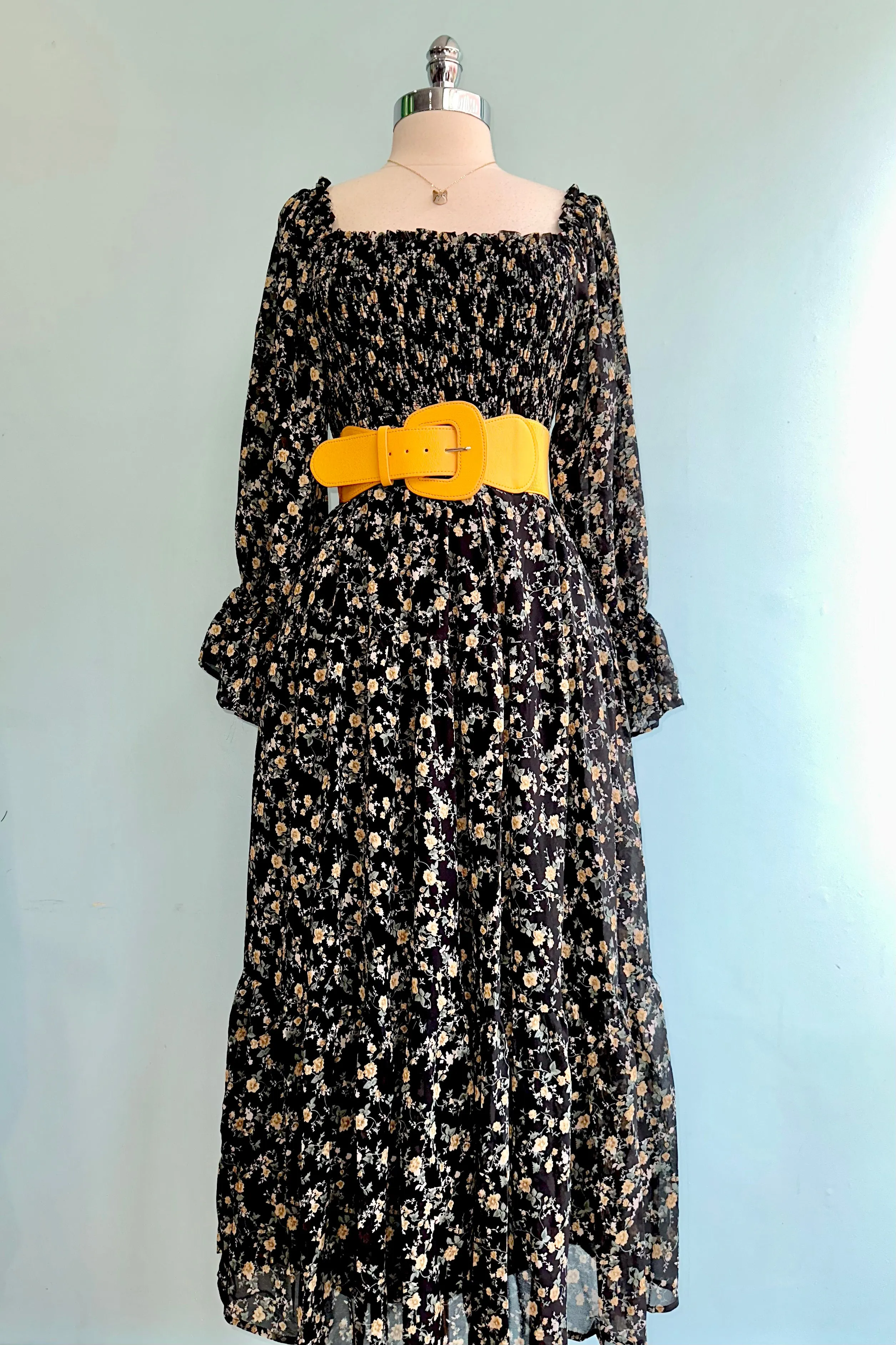 Black Floral Smocked Midi Dress