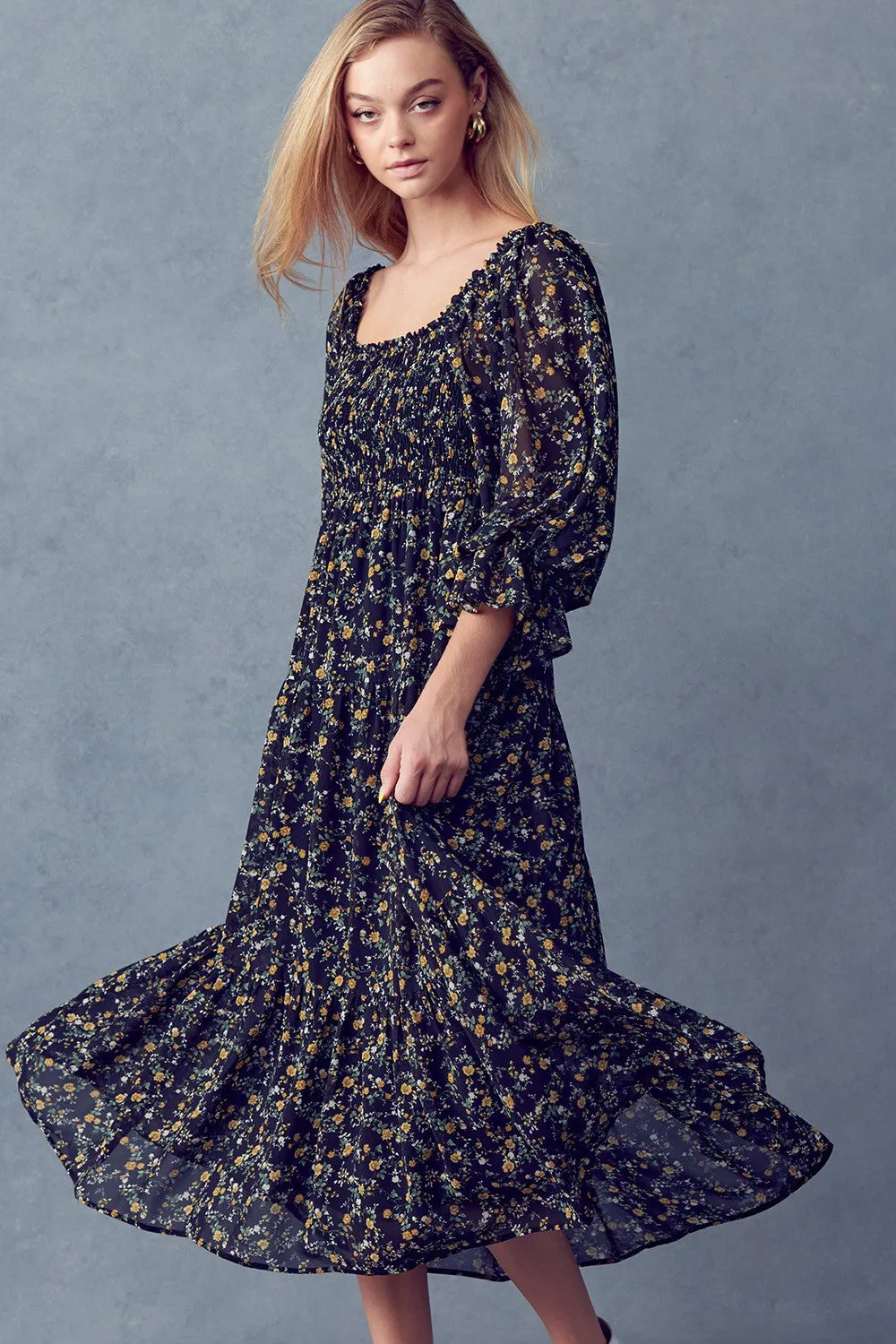 Black Floral Smocked Midi Dress