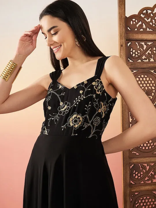 Black Sequence Embroidered Flared Maxi Ethnic Dresses