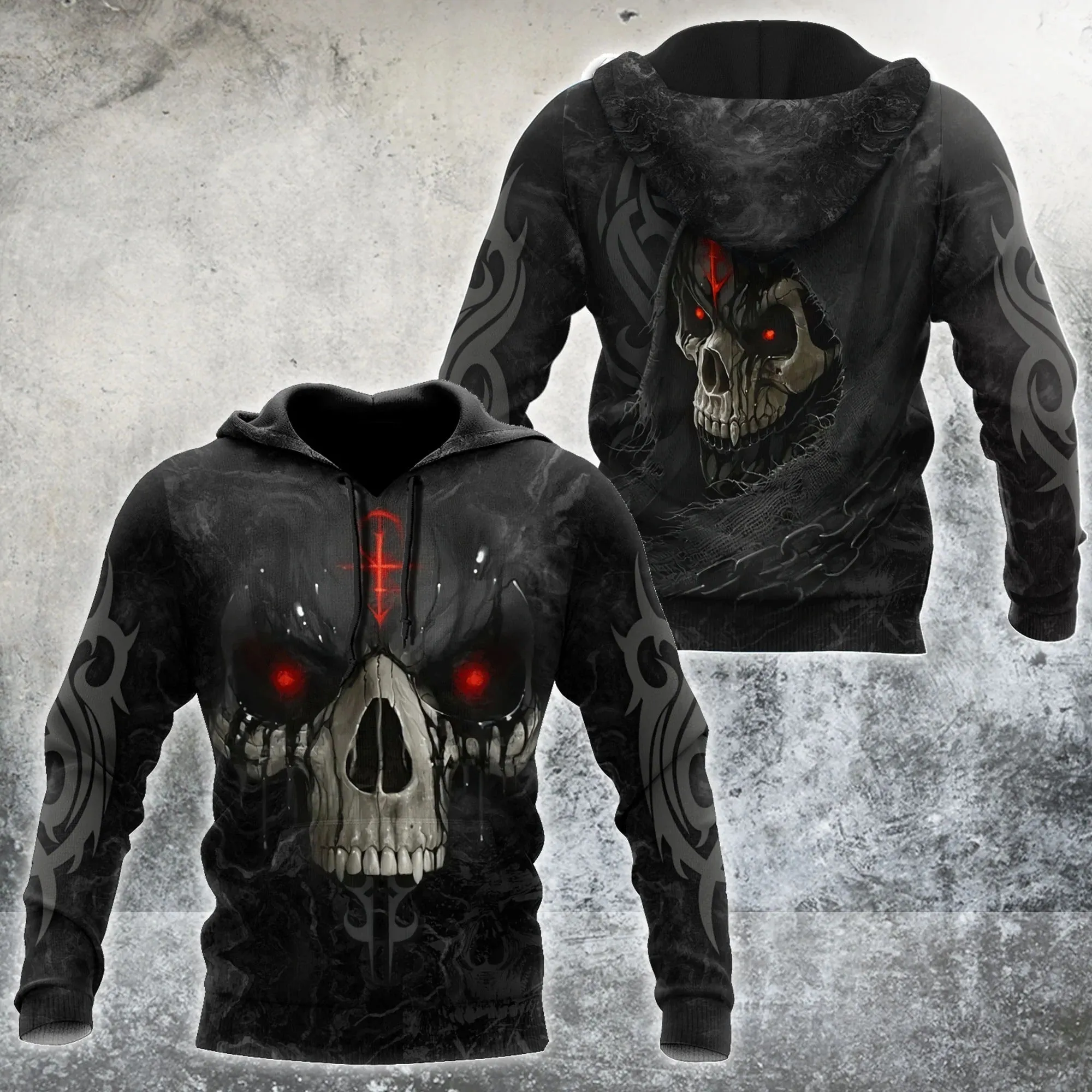 Black Skull Hoodie, 3D All Over Print Black Skeleton Hoodies