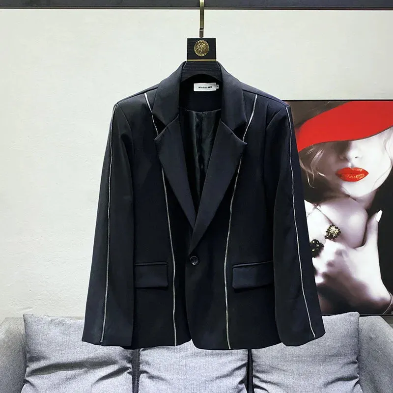 Black Solid Color Zipper Blazer