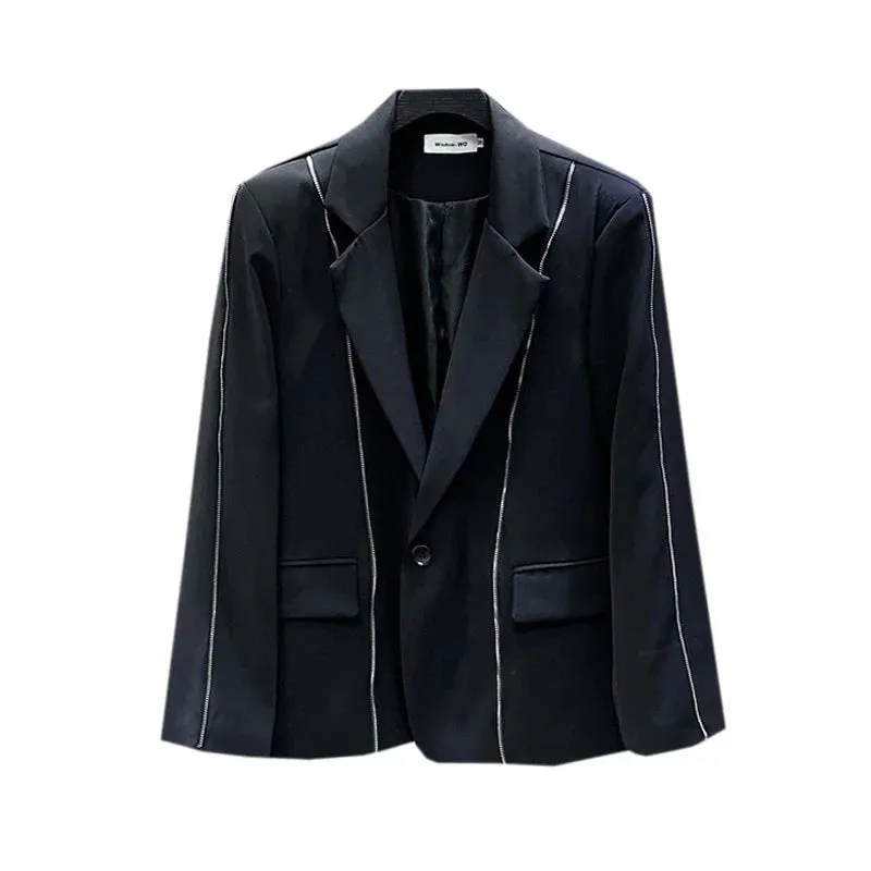 Black Solid Color Zipper Blazer