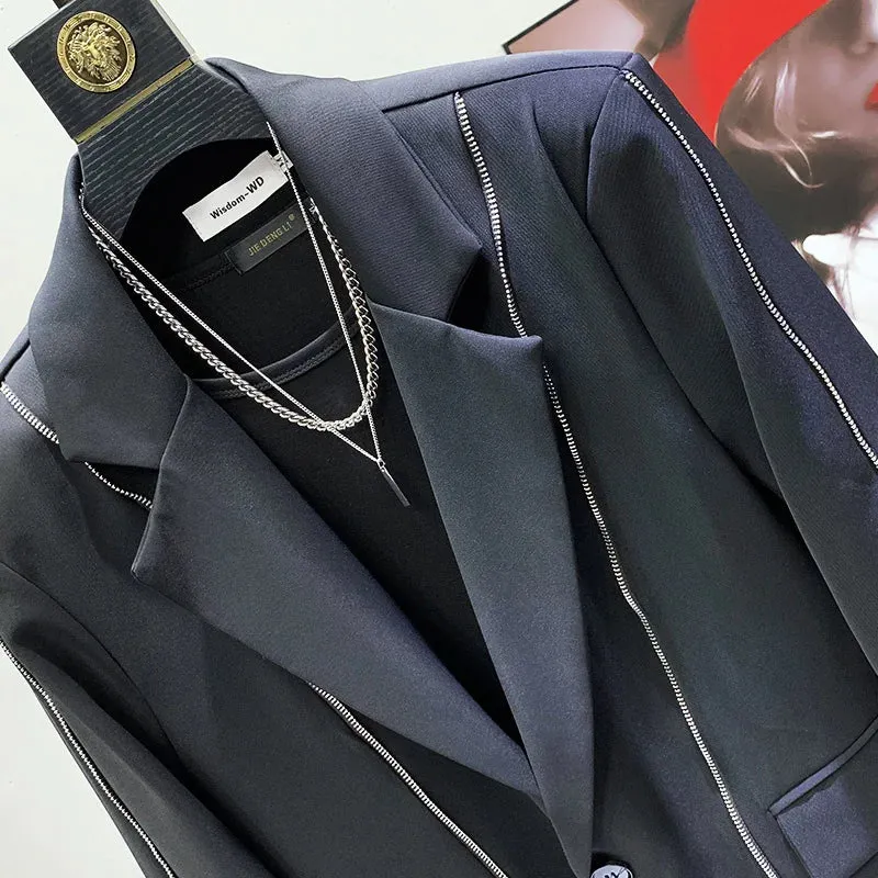 Black Solid Color Zipper Blazer