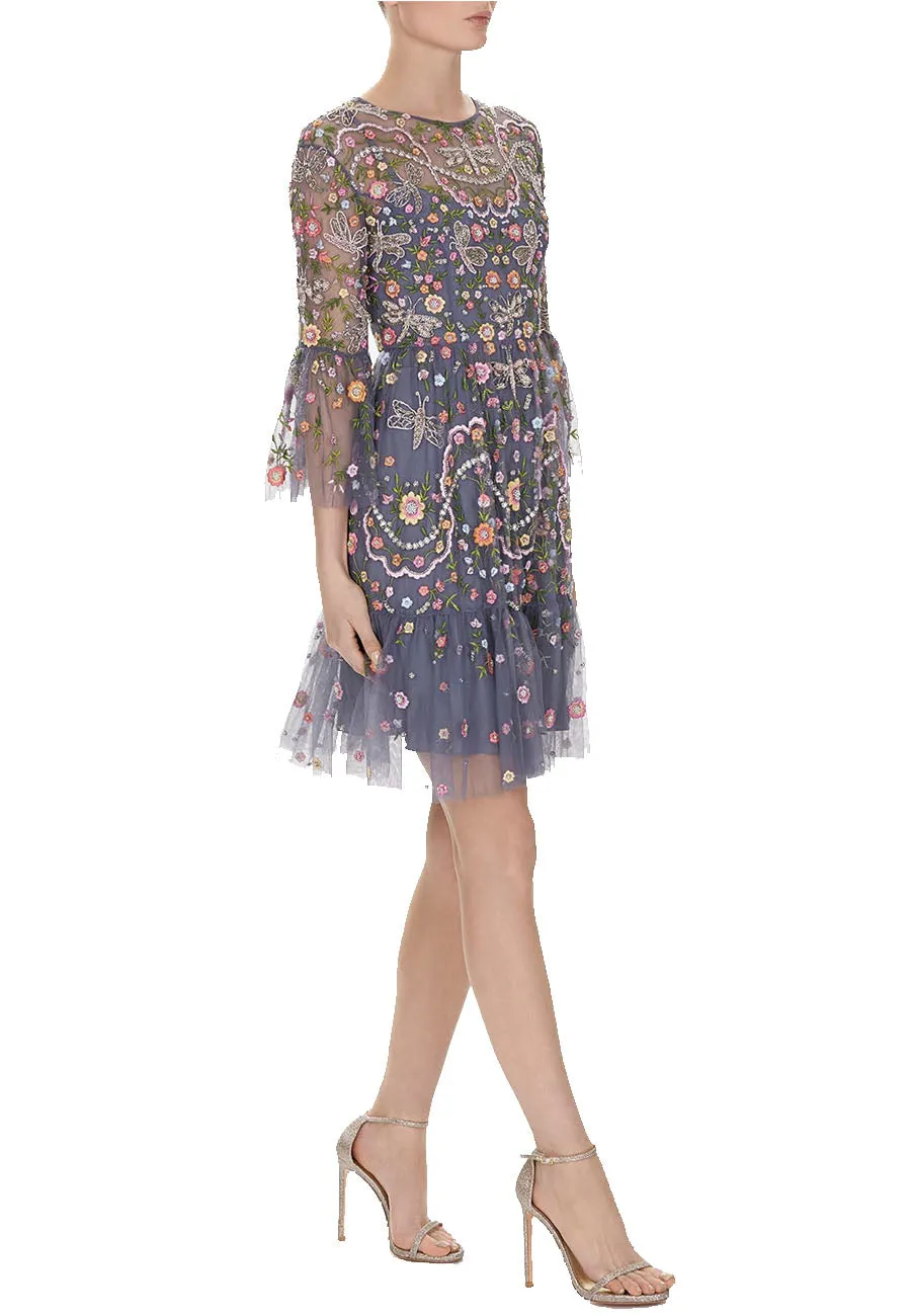 Blue Dragonfly Garden Embellished Embroidered Tulle Mini Dress (UK 8)