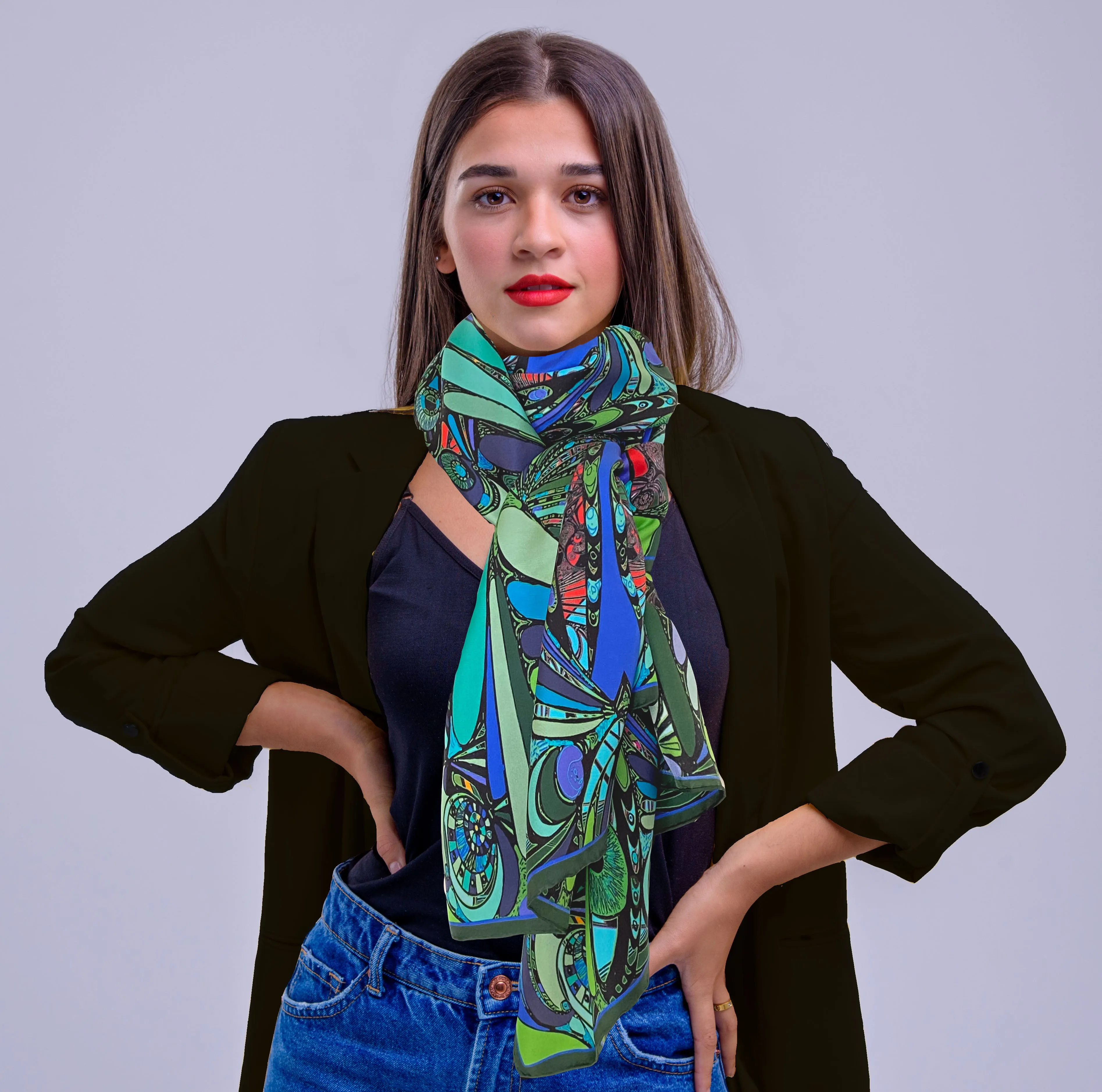 Blue /Green Universe, 100% Silk Twill, Long Rectangular Scarf