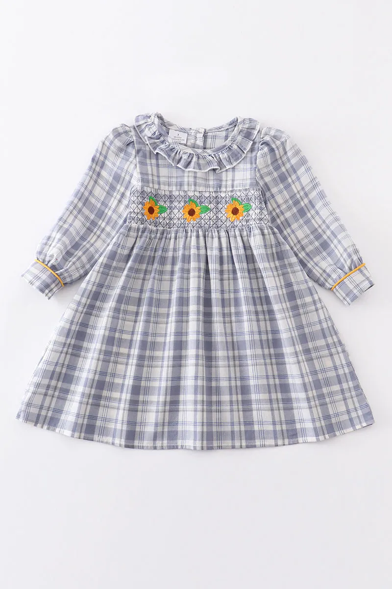 Blue plaid sunflower smocked ruffle dress