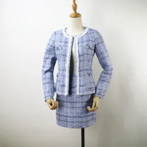 Blue Tweed Skirt Suit with Checked Pattern