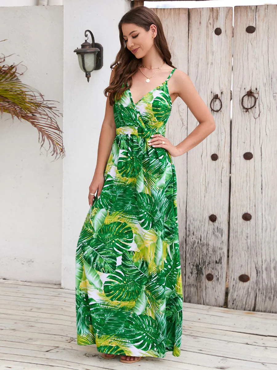 Bohemia Floral Printed Strap V Neck Swing Maxi Boho Dress