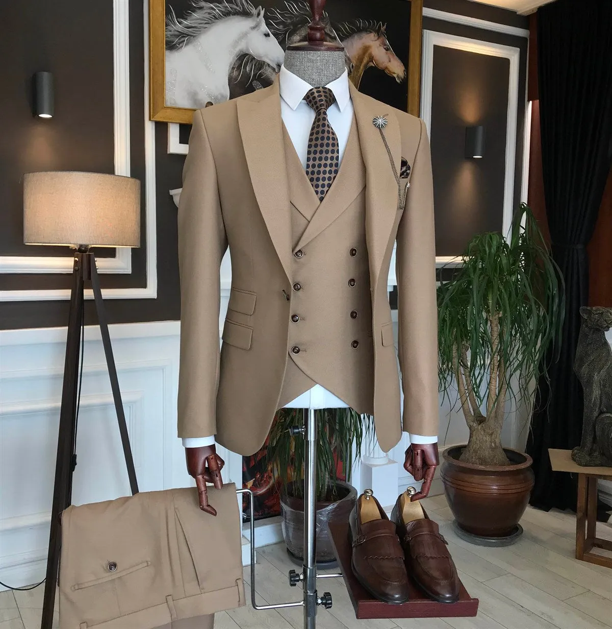 Bojoni Camel Slim-Fit Suit 3-Piece