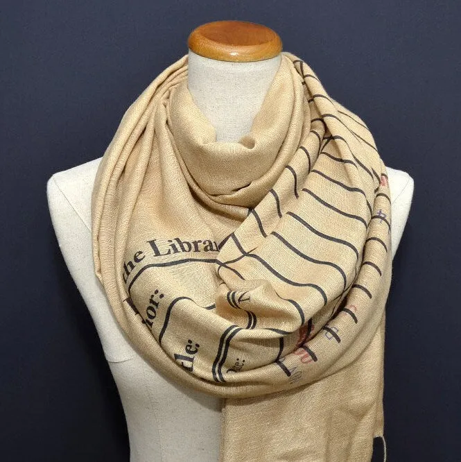 Book Scarf. Library scarf. Library scarf with day due stamps. Print scarf. Beige scarf