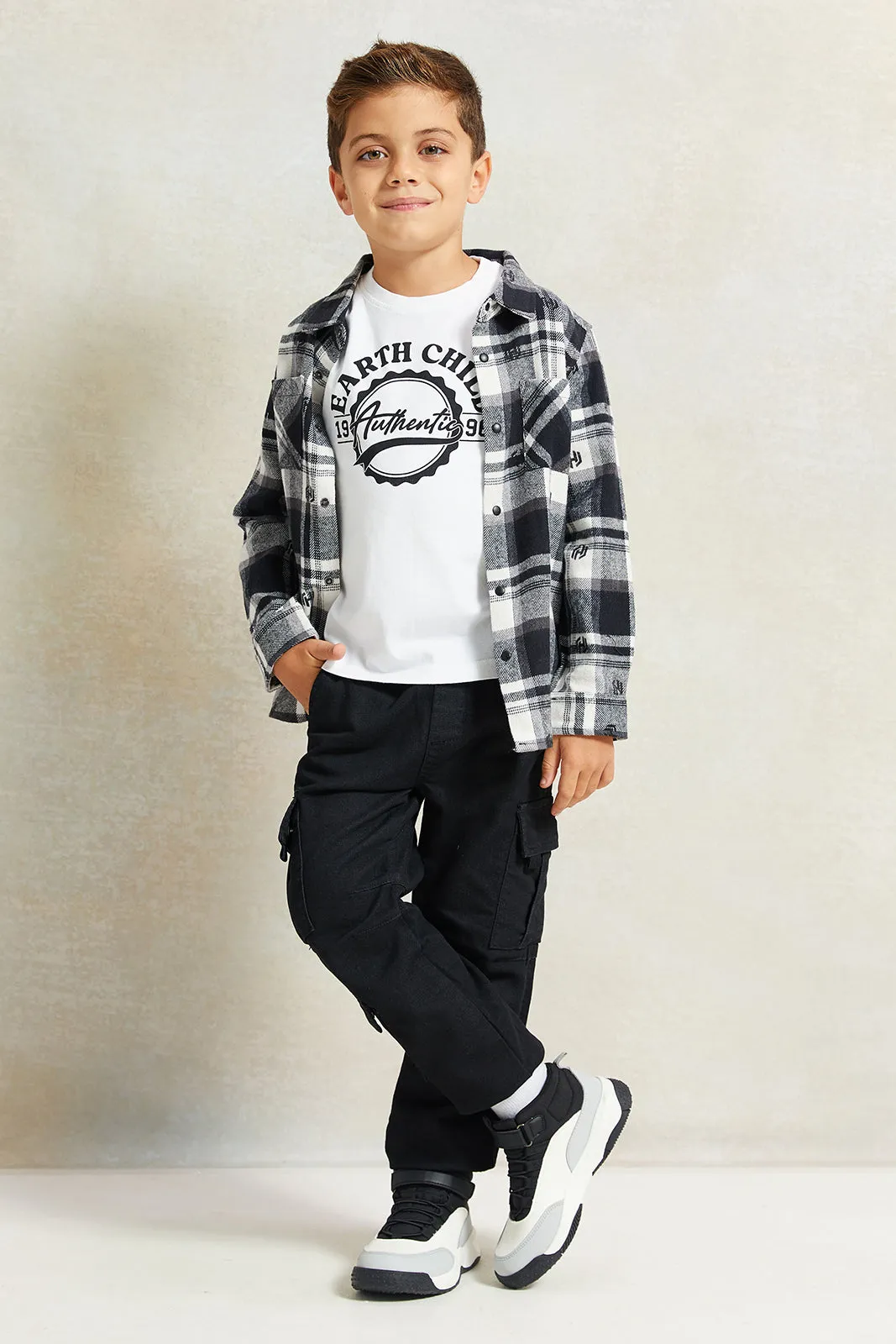 Boys Black And White Check Shirt Flannel With T-Shirt Set