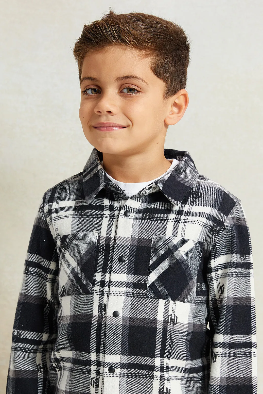 Boys Black And White Check Shirt Flannel With T-Shirt Set